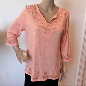 Chico’s peach sequins/embroidered accent top. Size 1P (standard 8 M)